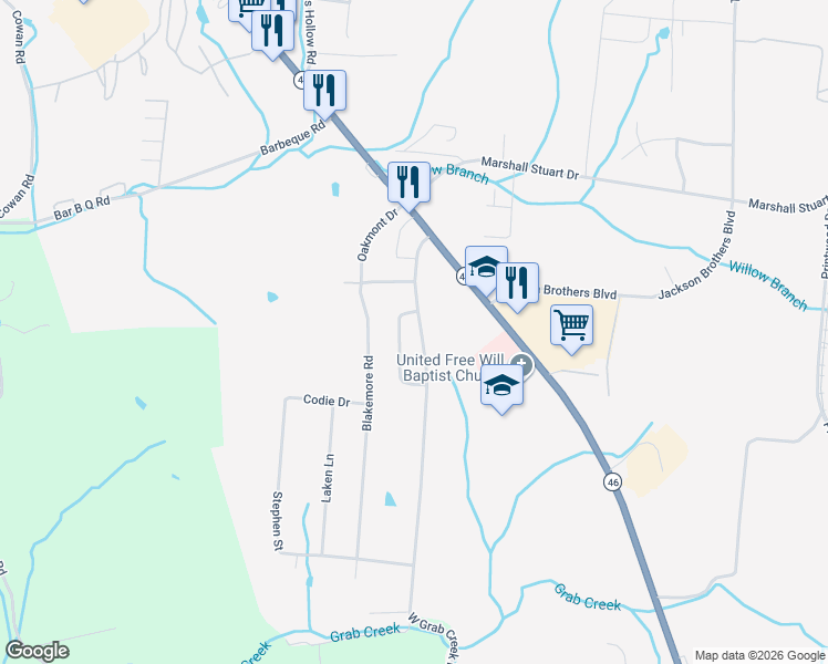 map of restaurants, bars, coffee shops, grocery stores, and more near 1116 West Grab Creek Road in Dickson