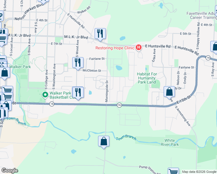 map of restaurants, bars, coffee shops, grocery stores, and more near 1302-1498 Morningside Drive in Fayetteville