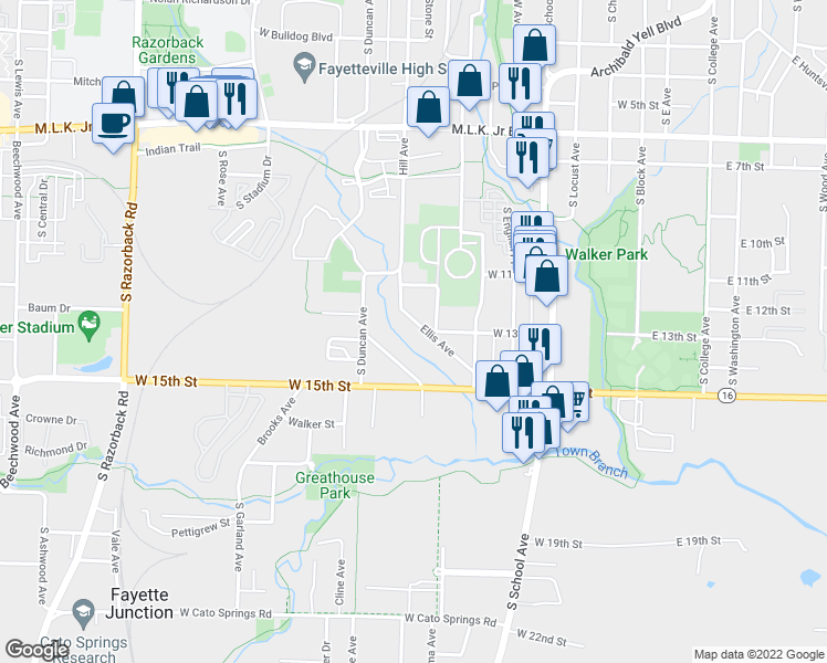 map of restaurants, bars, coffee shops, grocery stores, and more near 1249 Ellis Avenue in Fayetteville