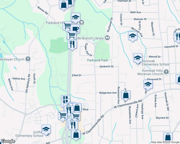 map of restaurants, bars, coffee shops, grocery stores, and more near 1614 Ethel Drive in Winston-Salem