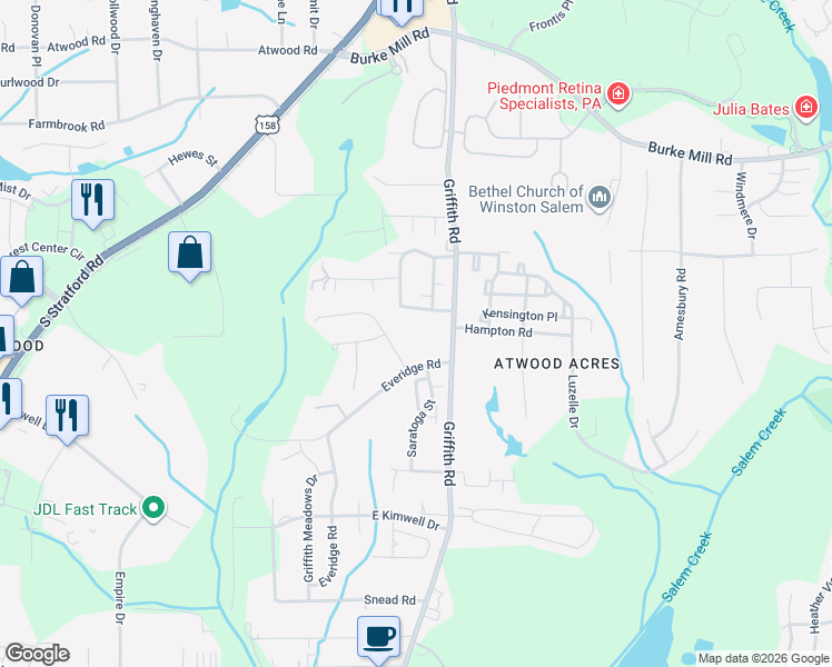 map of restaurants, bars, coffee shops, grocery stores, and more near 476 Everidge Road in Winston-Salem