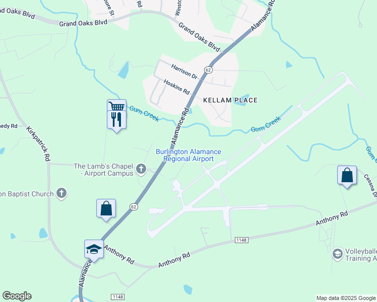 map of restaurants, bars, coffee shops, grocery stores, and more near 3432 Airport Loop in Burlington