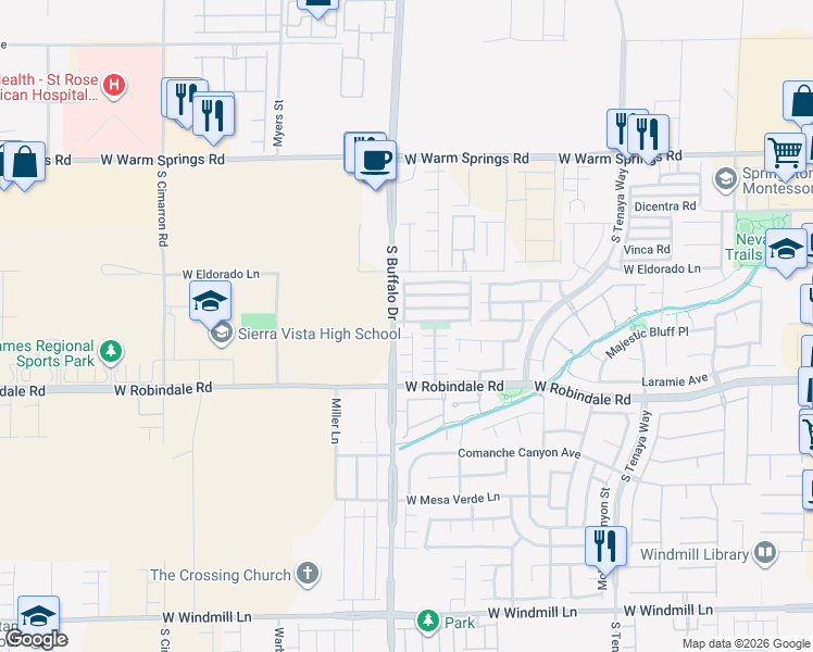 map of restaurants, bars, coffee shops, grocery stores, and more near 7634 Alamosa Creek Lane in Las Vegas