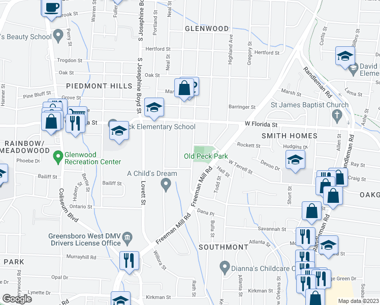map of restaurants, bars, coffee shops, grocery stores, and more near 1606 Glenwood Avenue in Greensboro