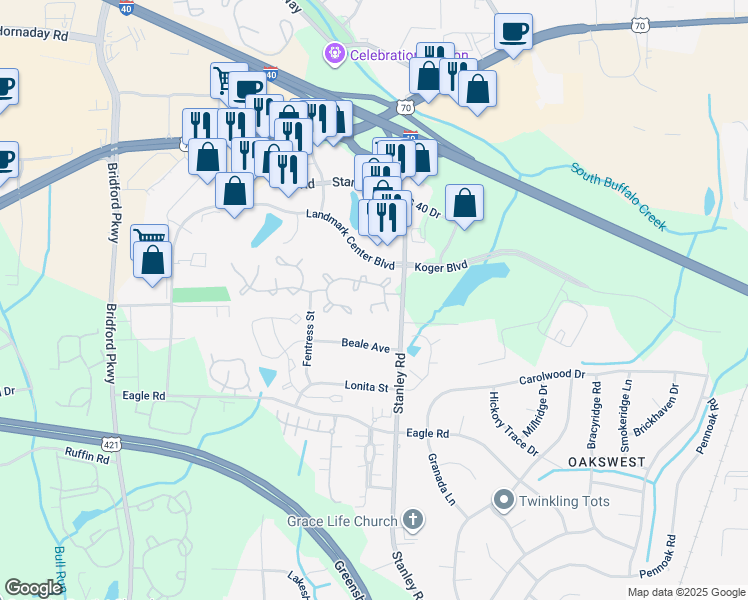map of restaurants, bars, coffee shops, grocery stores, and more near 2 Pickwick Place in Greensboro