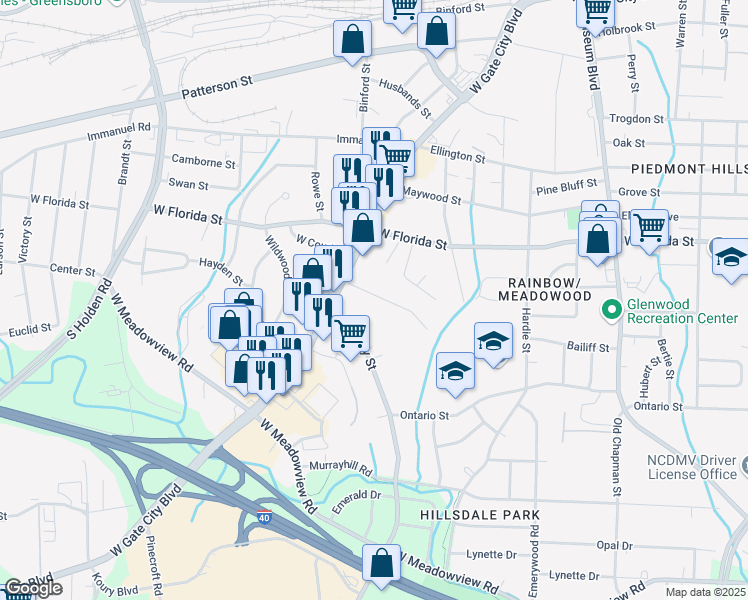 map of restaurants, bars, coffee shops, grocery stores, and more near 2615 Grimsley Street in Greensboro