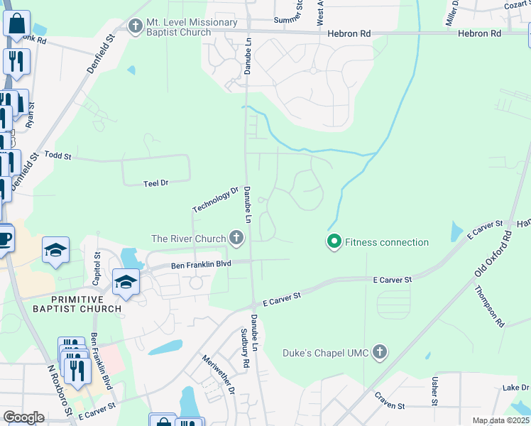 map of restaurants, bars, coffee shops, grocery stores, and more near 4135 Lillington Drive in Durham