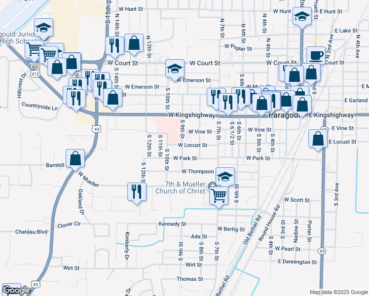 map of restaurants, bars, coffee shops, grocery stores, and more near 900 West Kingshighway in Paragould