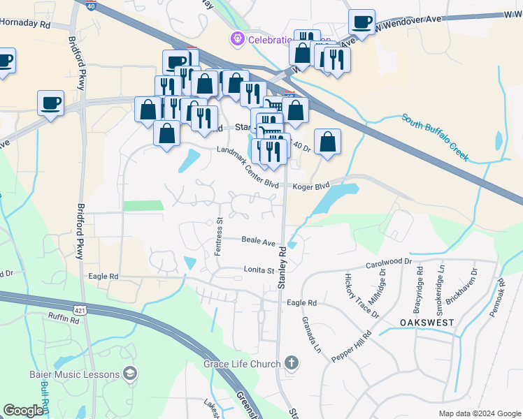 map of restaurants, bars, coffee shops, grocery stores, and more near 6 Pickwick Place in Greensboro