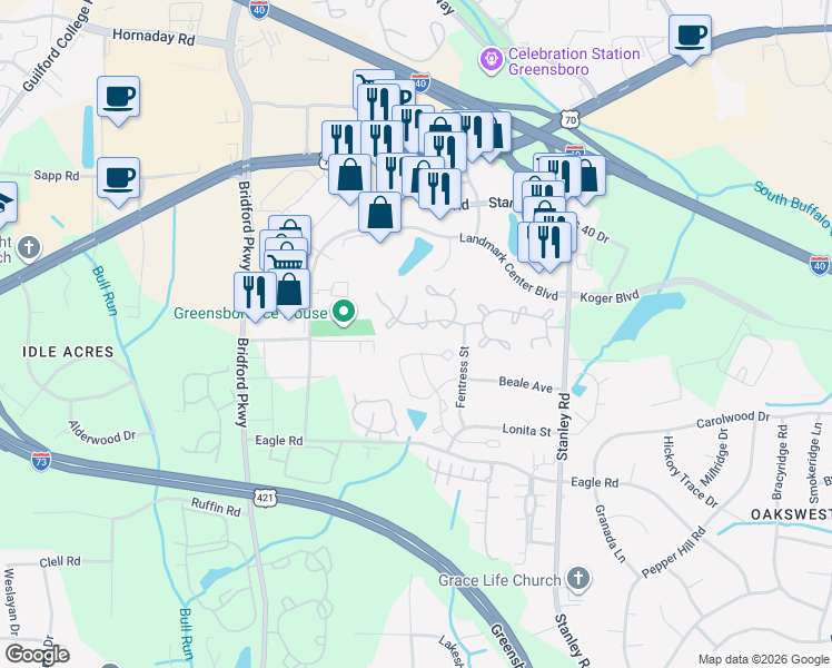 map of restaurants, bars, coffee shops, grocery stores, and more near 20 Raelans Circle in Greensboro