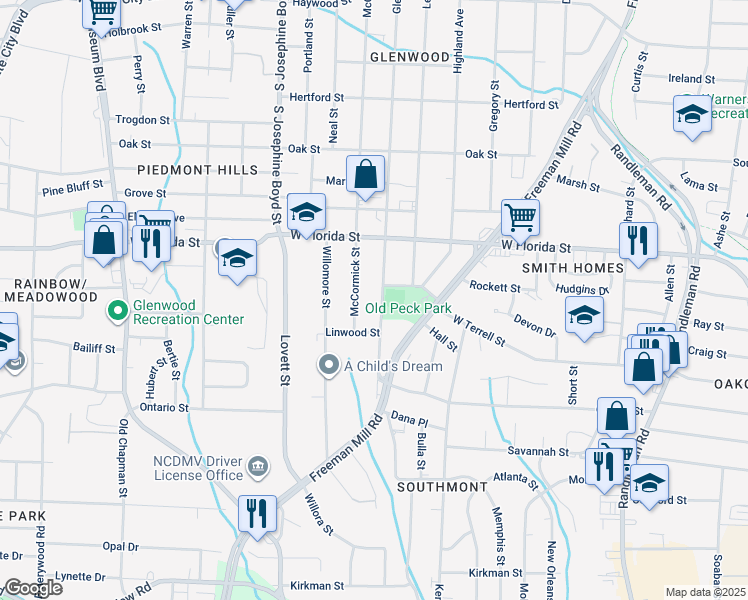 map of restaurants, bars, coffee shops, grocery stores, and more near 1606 Glenwood Avenue in Greensboro