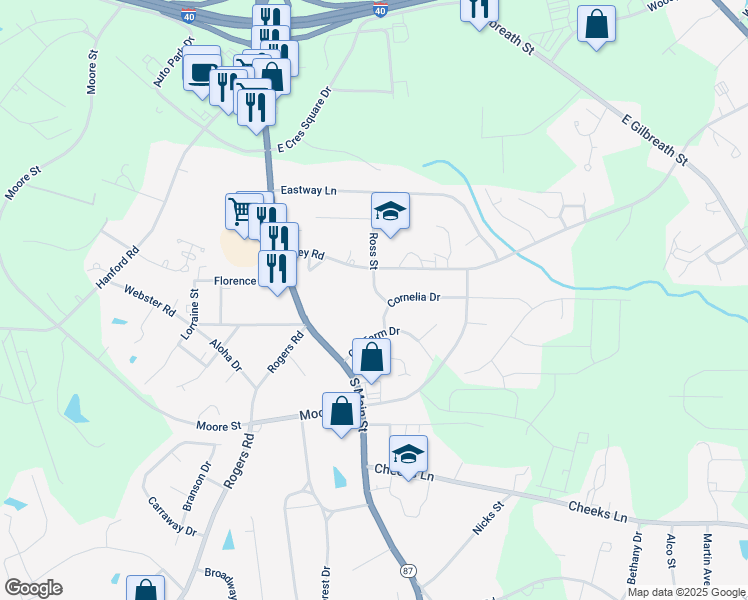 map of restaurants, bars, coffee shops, grocery stores, and more near 301 Ivey Road in Graham