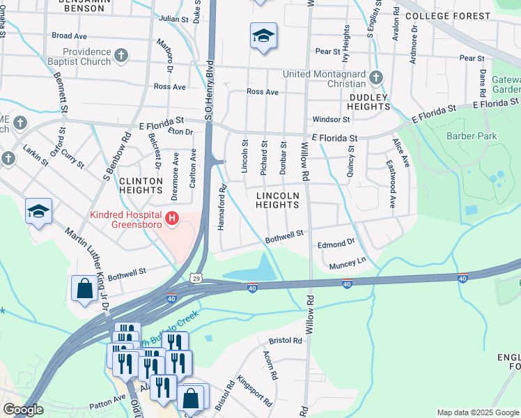 map of restaurants, bars, coffee shops, grocery stores, and more near 1701 Lincoln Street in Greensboro