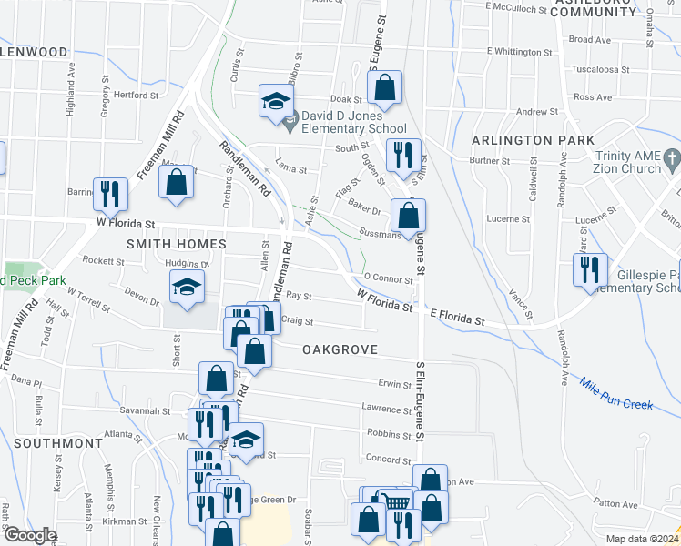 map of restaurants, bars, coffee shops, grocery stores, and more near 300-344 West Florida Street in Greensboro