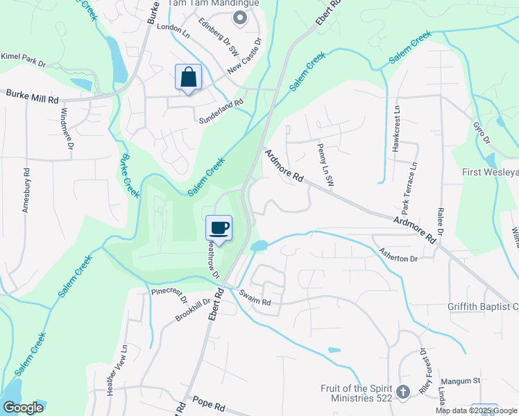 map of restaurants, bars, coffee shops, grocery stores, and more near 2023 Salem Bluff Drive in Winston-Salem
