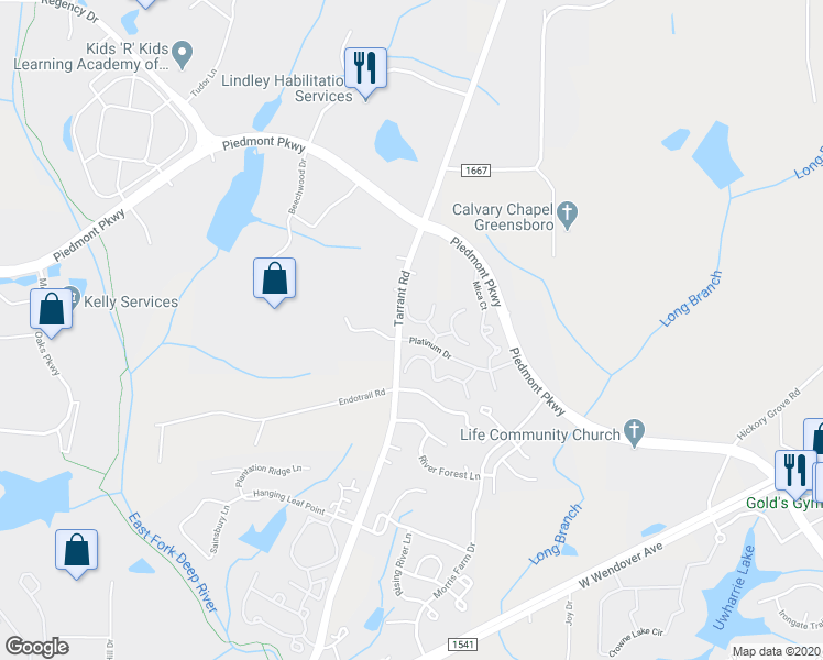 map of restaurants, bars, coffee shops, grocery stores, and more near 4406 Feldspar Court in Greensboro