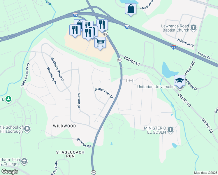 map of restaurants, bars, coffee shops, grocery stores, and more near 2300 Wade Hampton Road in Hillsborough