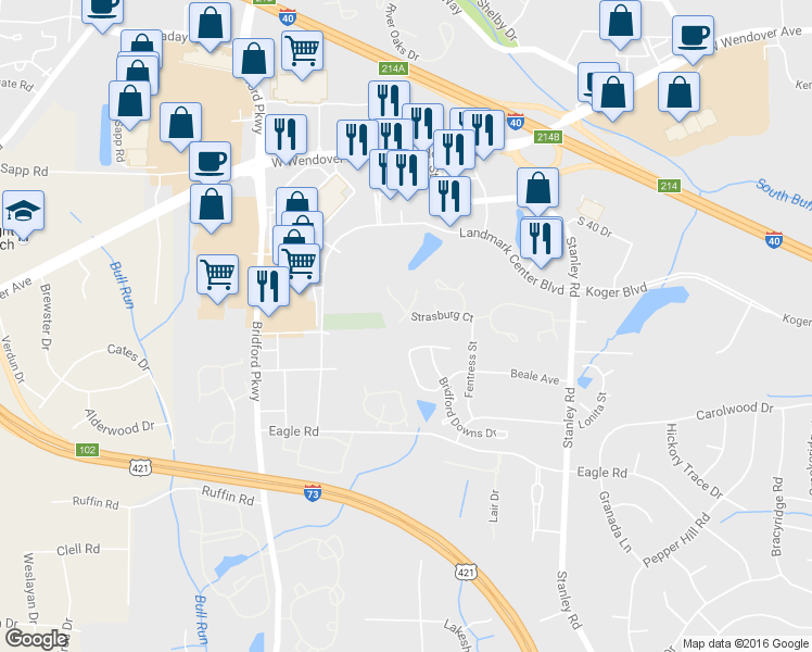 map of restaurants, bars, coffee shops, grocery stores, and more near 5 Mary Beth Circle in Greensboro