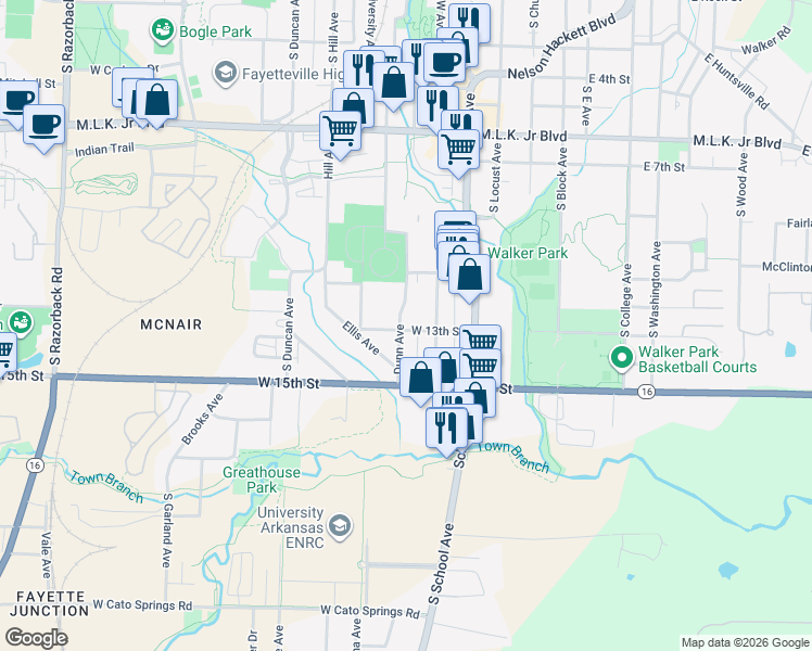 map of restaurants, bars, coffee shops, grocery stores, and more near 1144 Dunn Avenue in Fayetteville