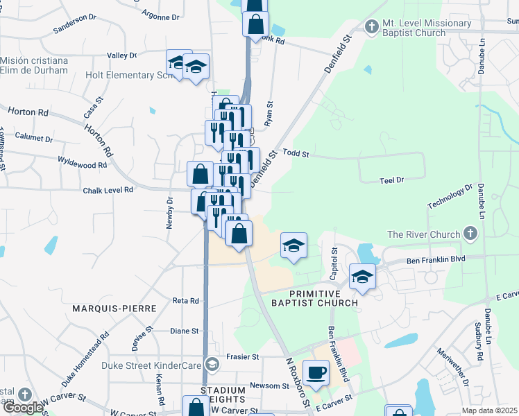 map of restaurants, bars, coffee shops, grocery stores, and more near 4302 Denfield Street in Durham