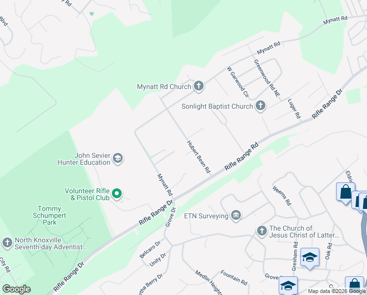 map of restaurants, bars, coffee shops, grocery stores, and more near 6501 Hubert Bean Road in Knoxville