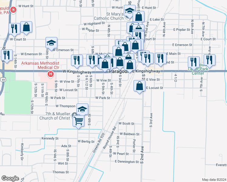 map of restaurants, bars, coffee shops, grocery stores, and more near 612 South 3rd Street in Paragould