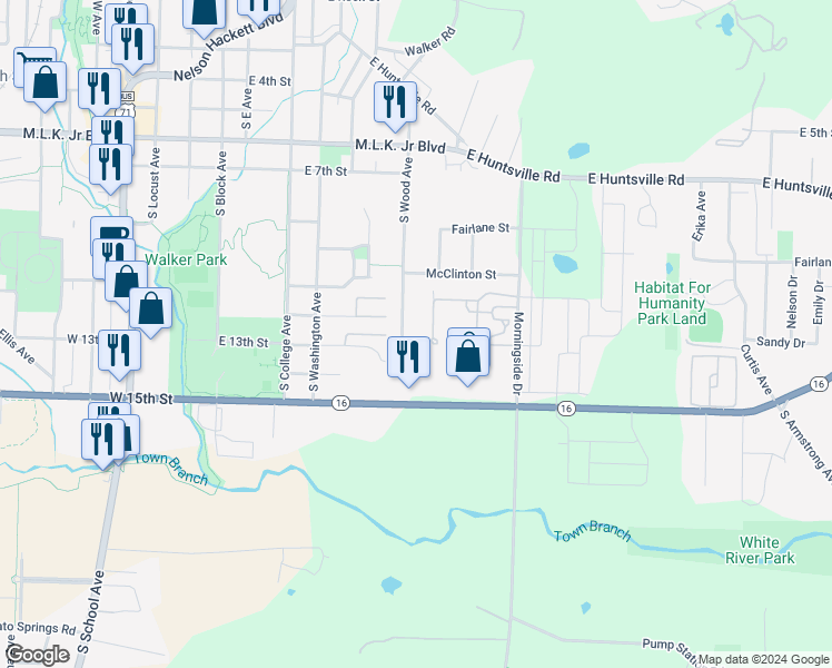 map of restaurants, bars, coffee shops, grocery stores, and more near 1108 S Wood Ave in Fayetteville