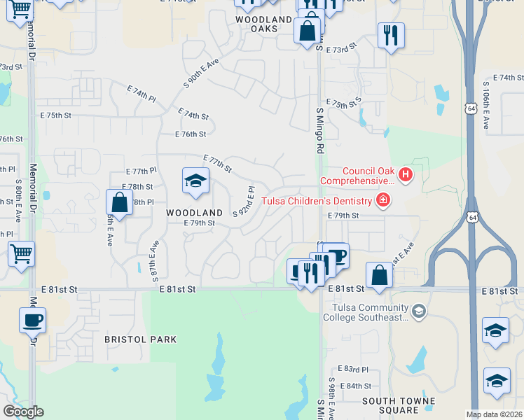 map of restaurants, bars, coffee shops, grocery stores, and more near 7715 South 92nd East Place in Tulsa