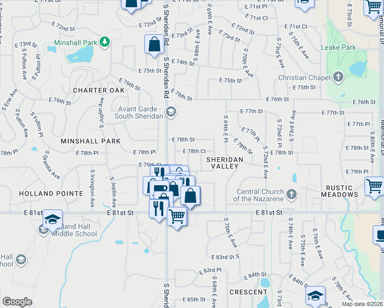 map of restaurants, bars, coffee shops, grocery stores, and more near 6624 East 78th Street in Tulsa