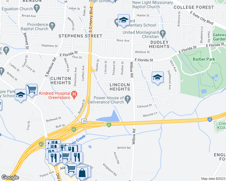 map of restaurants, bars, coffee shops, grocery stores, and more near 1716 Pichard Street in Greensboro