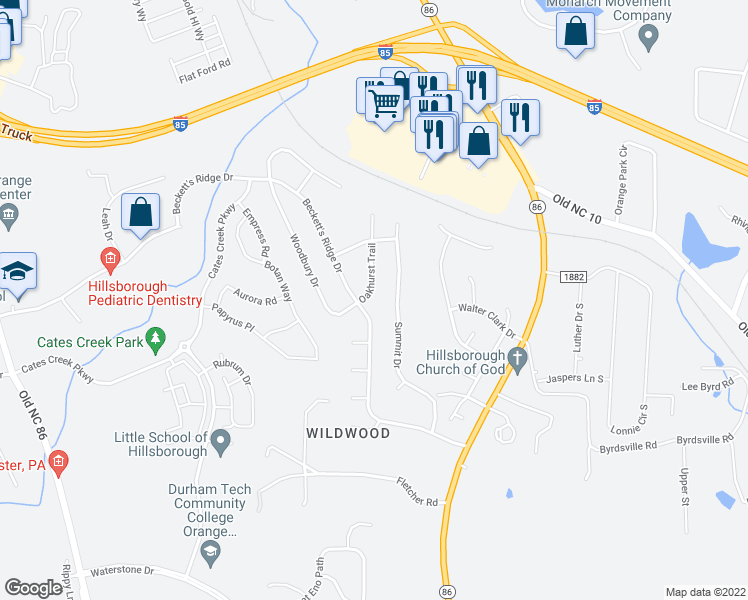 map of restaurants, bars, coffee shops, grocery stores, and more near 2317 Oakhurst Trail in Hillsborough