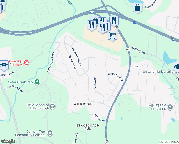 map of restaurants, bars, coffee shops, grocery stores, and more near 2317 Oakhurst Trail in Hillsborough