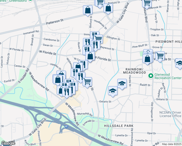 map of restaurants, bars, coffee shops, grocery stores, and more near 2619 Grimsley Street in Greensboro