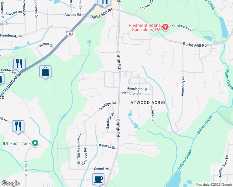 map of restaurants, bars, coffee shops, grocery stores, and more near 2469 Griffith Road in Winston-Salem