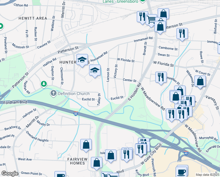 map of restaurants, bars, coffee shops, grocery stores, and more near 1513 Larson Street in Greensboro