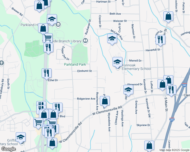 map of restaurants, bars, coffee shops, grocery stores, and more near 902 Elmhurst Street in Winston-Salem