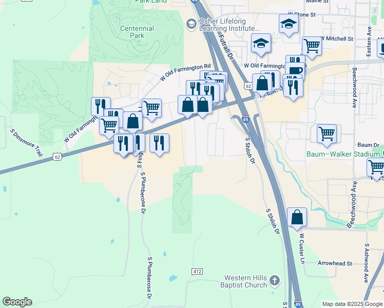 map of restaurants, bars, coffee shops, grocery stores, and more near 1389 Southeast Farmers Drive in Fayetteville