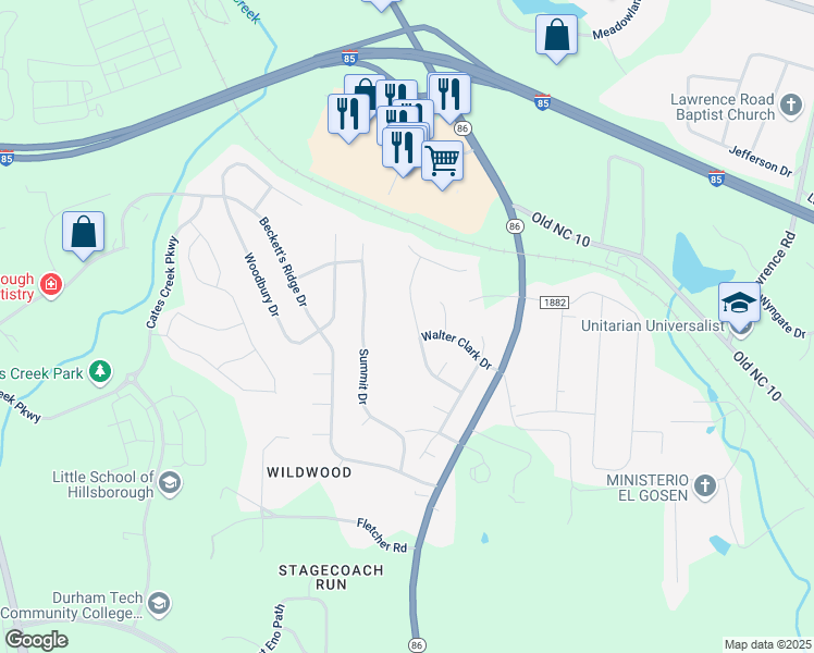 map of restaurants, bars, coffee shops, grocery stores, and more near 2311 George Anderson Drive in Hillsborough