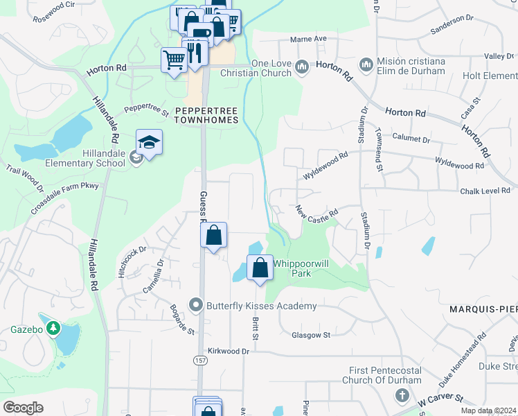 map of restaurants, bars, coffee shops, grocery stores, and more near 3804 Zenith Place in Durham