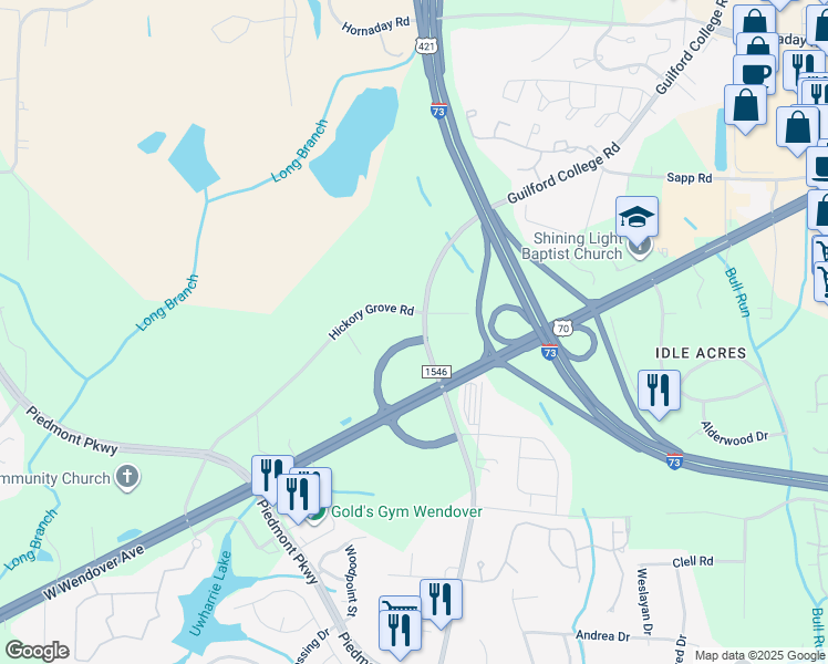 map of restaurants, bars, coffee shops, grocery stores, and more near 5919 Hickory Grove Road in Greensboro