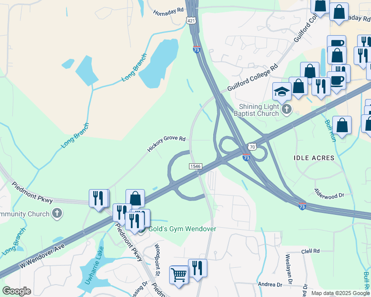 map of restaurants, bars, coffee shops, grocery stores, and more near 5919 Hickory Grove Road in Greensboro