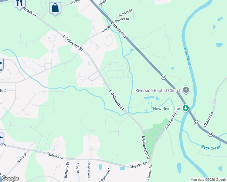 map of restaurants, bars, coffee shops, grocery stores, and more near 1126 East Gilbreath Street in Graham