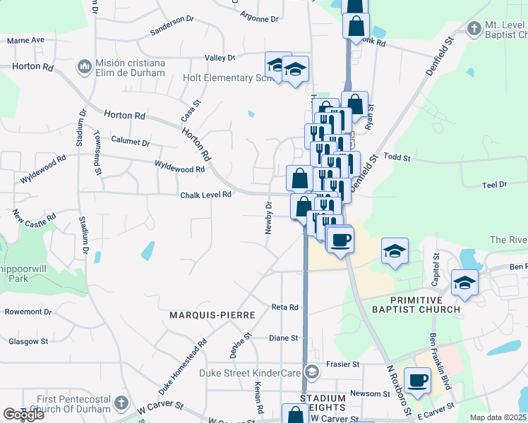 map of restaurants, bars, coffee shops, grocery stores, and more near 4401 Newby Drive in Durham