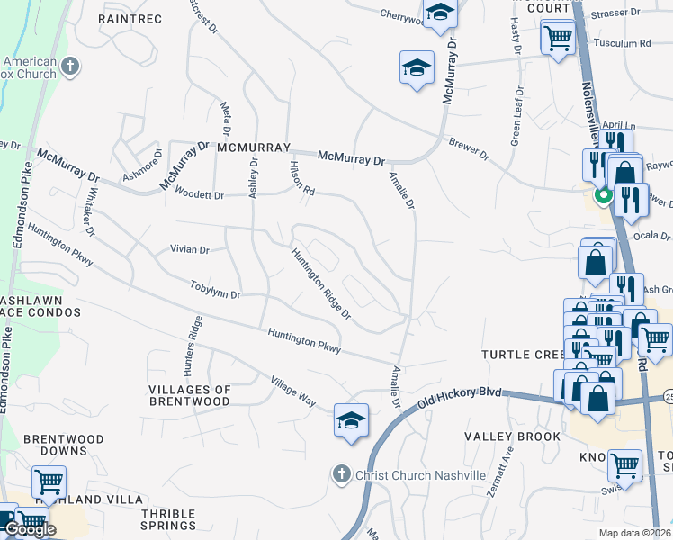 map of restaurants, bars, coffee shops, grocery stores, and more near 440 Huntington Ridge Drive in Nashville