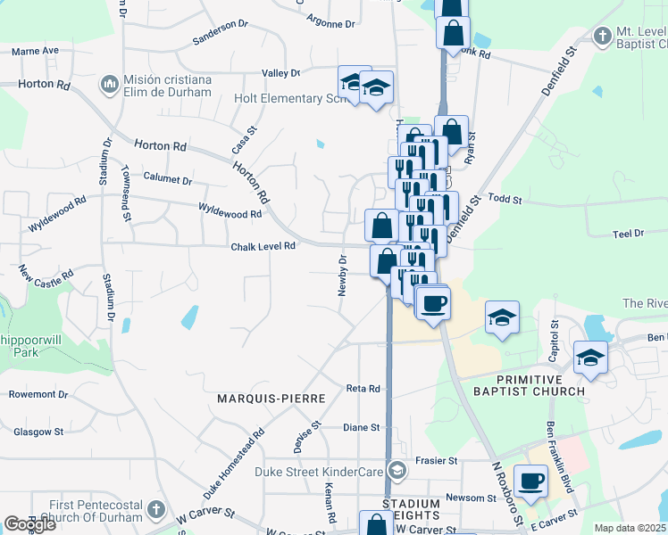 map of restaurants, bars, coffee shops, grocery stores, and more near 4401 Newby Drive in Durham