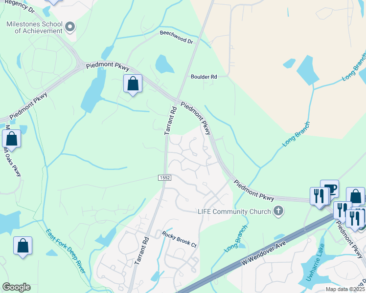 map of restaurants, bars, coffee shops, grocery stores, and more near 4414 Feldspar Court in Greensboro