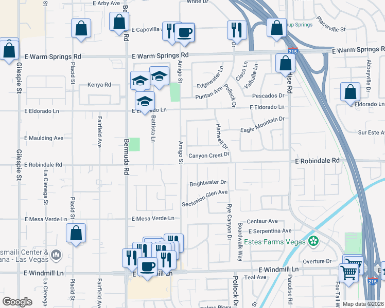 map of restaurants, bars, coffee shops, grocery stores, and more near 7632 Brightwood Drive in Las Vegas