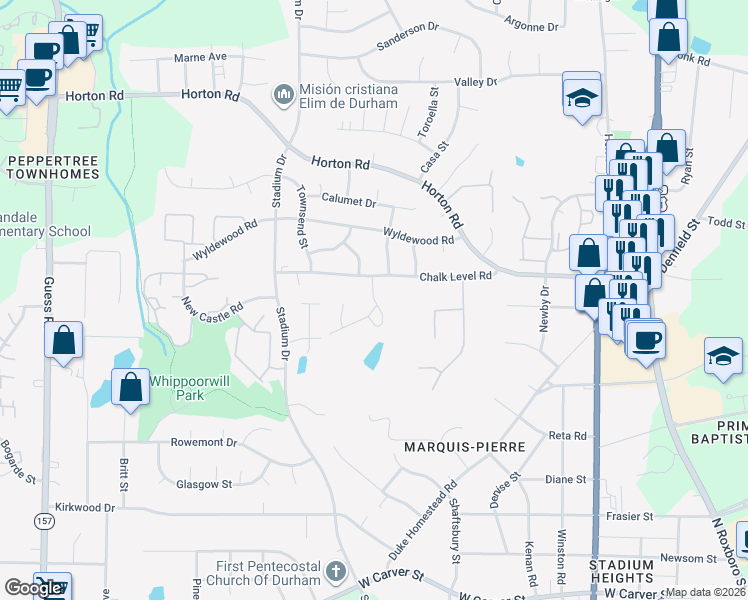 map of restaurants, bars, coffee shops, grocery stores, and more near 1006 Chalk Level Road in Durham