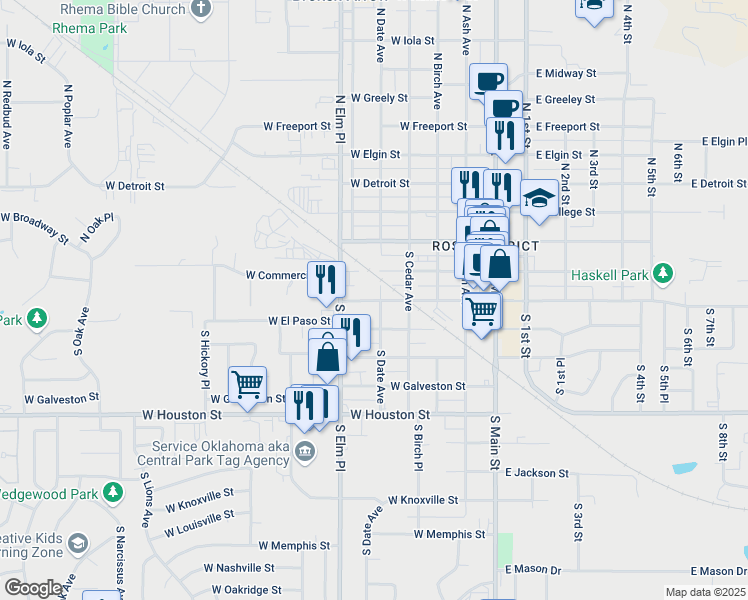 map of restaurants, bars, coffee shops, grocery stores, and more near 210 South Date Avenue in Broken Arrow