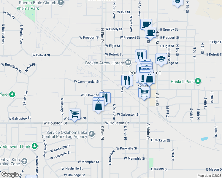 map of restaurants, bars, coffee shops, grocery stores, and more near 210 South Date Avenue in Broken Arrow